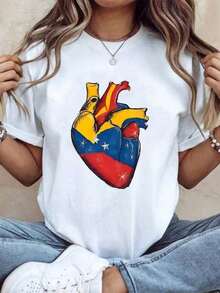 Summer1 pieza Camiseta de talla grande para mujeres VenezuelaS con estampado gráfico, manga corta, cuello redondo, de algodón, lavable a máquina, g, 100% algodón suaveFashion All-match Women - Negro - Ver 1