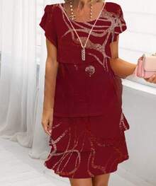 Vestido de gasa de primavera con estampado 3D de manga corta y cuello redondo de , estilo europeo y americano. - flores blanquecinas - Ver 8