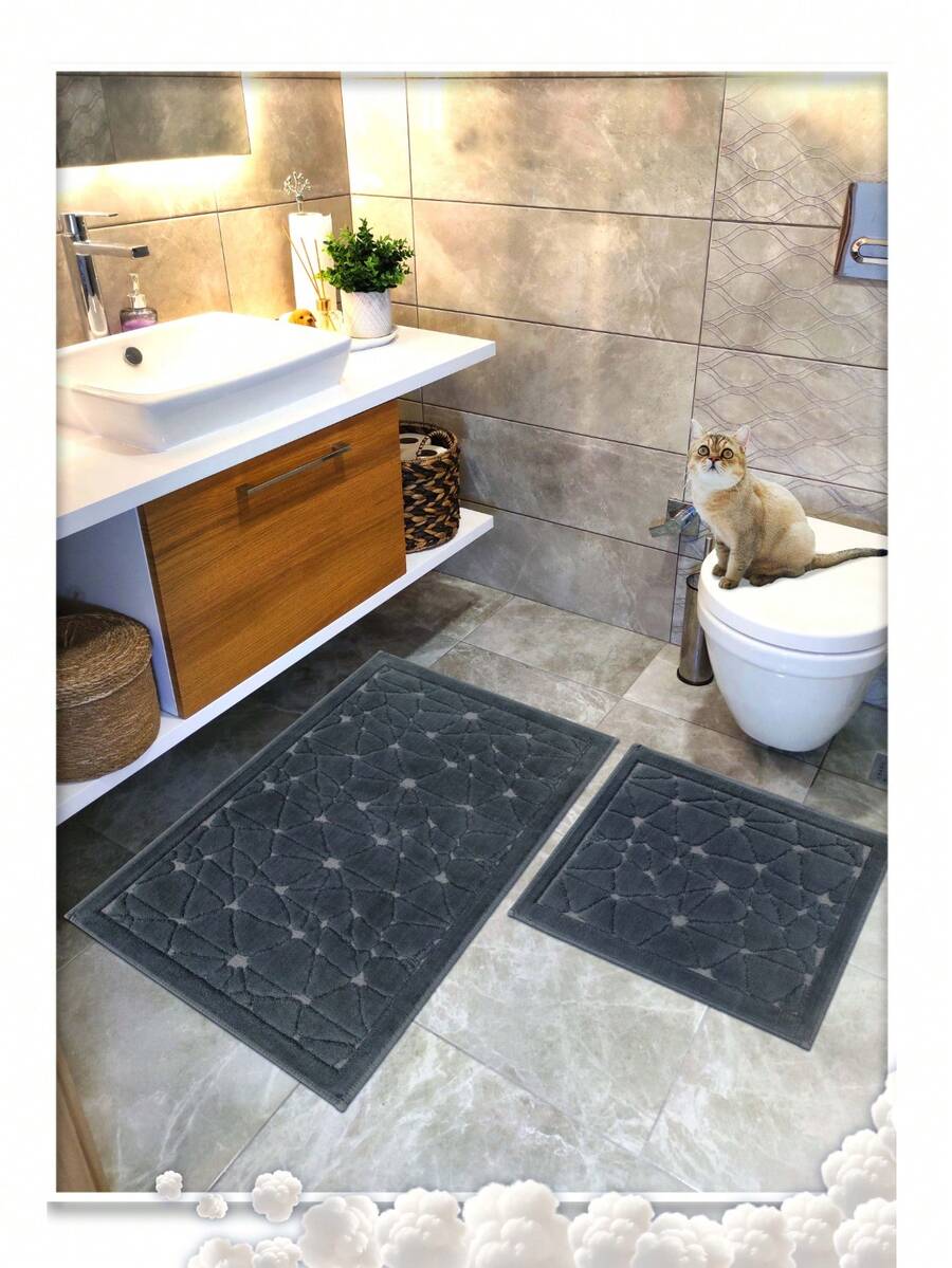 Cotton Woven Absorbent Bath Mat Set, Glass Pattern Bathroom Rug Set 60x100 Cm - 60x50 Cm