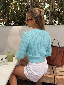 Women's Hollow Knit Short Cardigan, Lightweight Button Front Long Sleeve Round Neck Short Knit Sweater, Suitable For Spring, Summer, Autumn Daily Street Wear - Cadet Blue - View 3