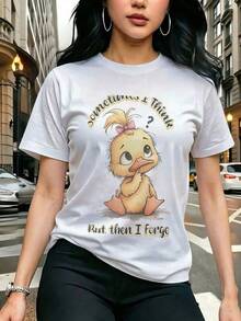 Camiseta Casual con Estampado de Pato Tierno Moño Cuello Redondo Básica Moda Juvenil Estilo Japonés Kawaii Urbano Verano Y2K Urbana Blusa - Blanco - Ver 1