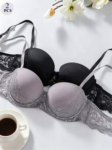 2 pièces/Set Soutien-gorge push-up à demi-bonnet en dentelle, soutien-gorge à armatures avec soutien complet, soutien-gorge balconnet à bretelles spaghetti ajustables lissant les côtés et anti-affaissement - Multicolore - Voir 2