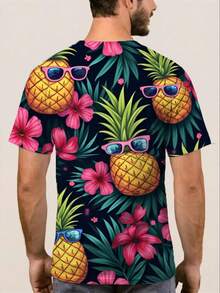 Camiseta de Hombre con Estampado Tropical de Piña y Frutas - Fondo Oscuro, Manga Corta, Cuello Redondo, Diseño Casual con Piñas Coloridas y Motivos Florales, Lavable a Máquina, Adecuada para - Negro - Ver 4
