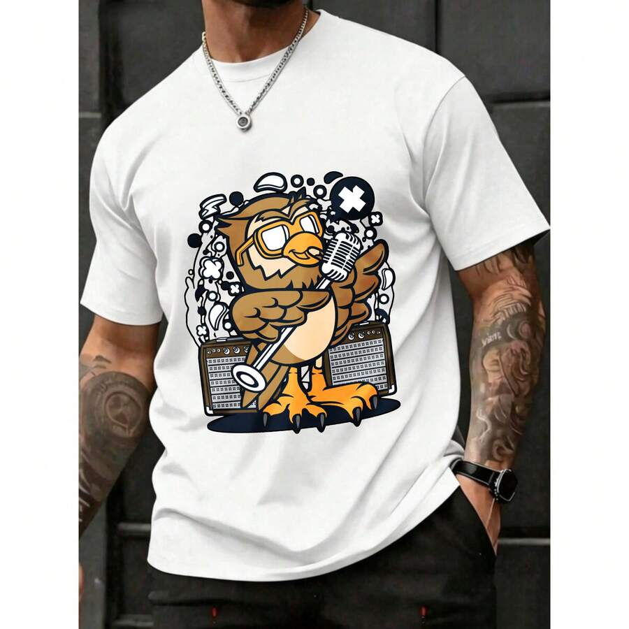 Verano, Cuello Redondo, Camiseta, Hombre, Pato con Micrófono y Equipo de Sonido, Algodón Suave y Cómodo, Estilo Urbano y Casual - Blanco - Ver 1