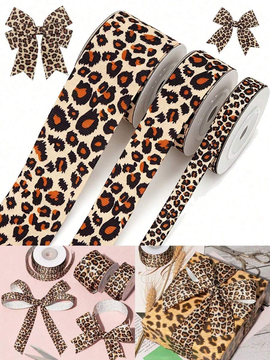 1 Roll 5 Yards Leopard Print Ribbon, Jungle Hunting Pattern, Suitable For Gift Wrapping, DIY Crafts, Hair Bows, Party Decoration, Wreaths, Perfect For Jungle Theme Birthday, Hunting Theme Party, Bachelor Party, Graduation Ceremony - Multicolor - View 1