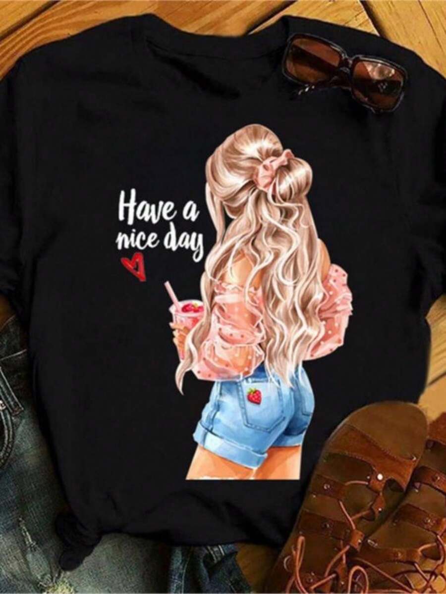 Women's Soft Breathable T-Shirt With Girl's Back Print, Denim Shorts With Drink And "Have A Nice Day" Phrase, Everyday Fashion - 黑色 - 查看 1