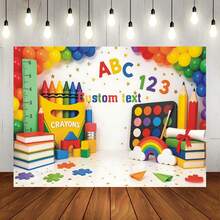 Pancarta de fondo personalizable con texto para fiesta temática de regreso a la escuela, diseño de decoración con lápiz, cuaderno, mochila, globo terráqueo, manzana, nota adhesiva y estrella, tema de regreso a la escuela, adecuado para ceremonia de apertura del nuevo semestre, reunión de clase de regreso a la escuela, decoración del aula, decoración de fondo para registro de eventos del campus, pancarta de fotografía de vinilo - Multicolor - Ver 10