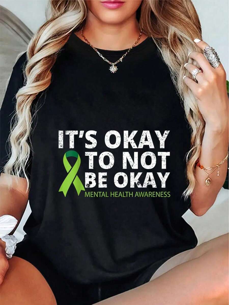 Suicidio Depresión Está Bien No Estar Bien Camiseta de Prevención Camiseta de Manga Corta Camiseta Gráfica para Mujer y Hombre Camisetas Casuales Blusas para Dama Casuales - Negro - Ver 1