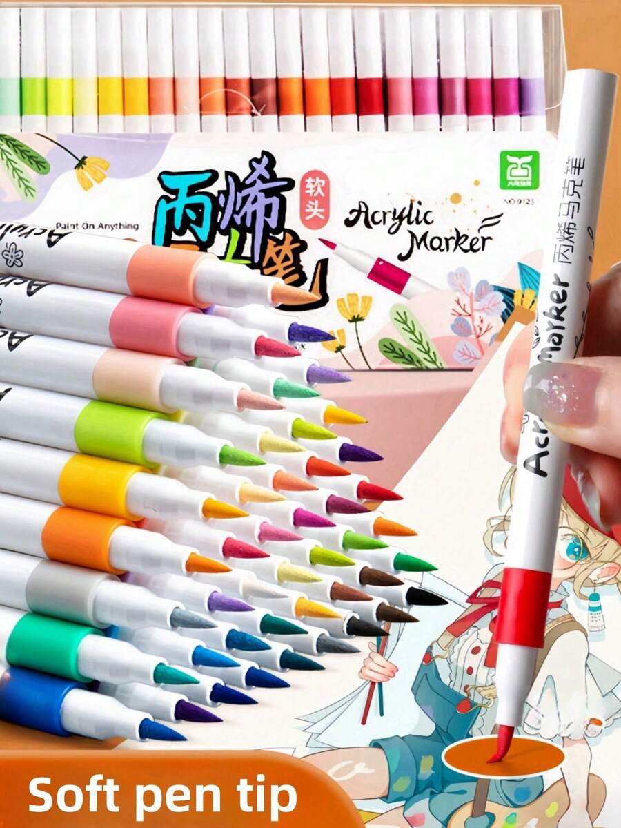 12/24/36/60/72pcs Large Capacity Soft Tip Acrylic Paint Marker Set, Water-Based Quick Dry Smooth Coloring Drawing Pens For Beginners, Multi-Surface Graffiti DIY Rock Wood Canvas Ceramic, Back To School School Art Supplies - Sets - View 1