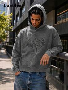 Lonblece 1 pieza Sudadera con estampado de copos de nieve y cruz en relieve para hombre, sudadera con capucha estampada para otoño/invierno - Gris - Ver 1