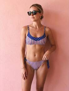 August vacation Bikini de dos piezas para mujer de moda de verano con estampado de rayas de colores, sexy, estampado aleatorio, traje de baño para playa y vacaciones - Negro - Ver 1