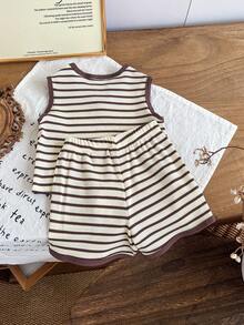 2pcs Baby Girls' Minimalist All-Match Versatile Waffle Stripe Tank Top And Matching Shorts Set, Summer - Camel - View 2
