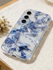 Creative Cool Water Ripple Butterfly With Beads & Flowers Short Wrist Strap Wave-Shaped Screen Edge Protection Phone Case Compatible With Apple 7/8/X/XR/XSMAX/11/12/13/14/15/16/17Promax Compatible With Samsung A14/A15/A16/A17/A04/A05/A06/A07/A54/A55/A56/A57/A34/A35A/36/A37/S26/S26Plus/S26Ultra Compatible With Transsion SMART7/8/9/10 - Clear - View 2