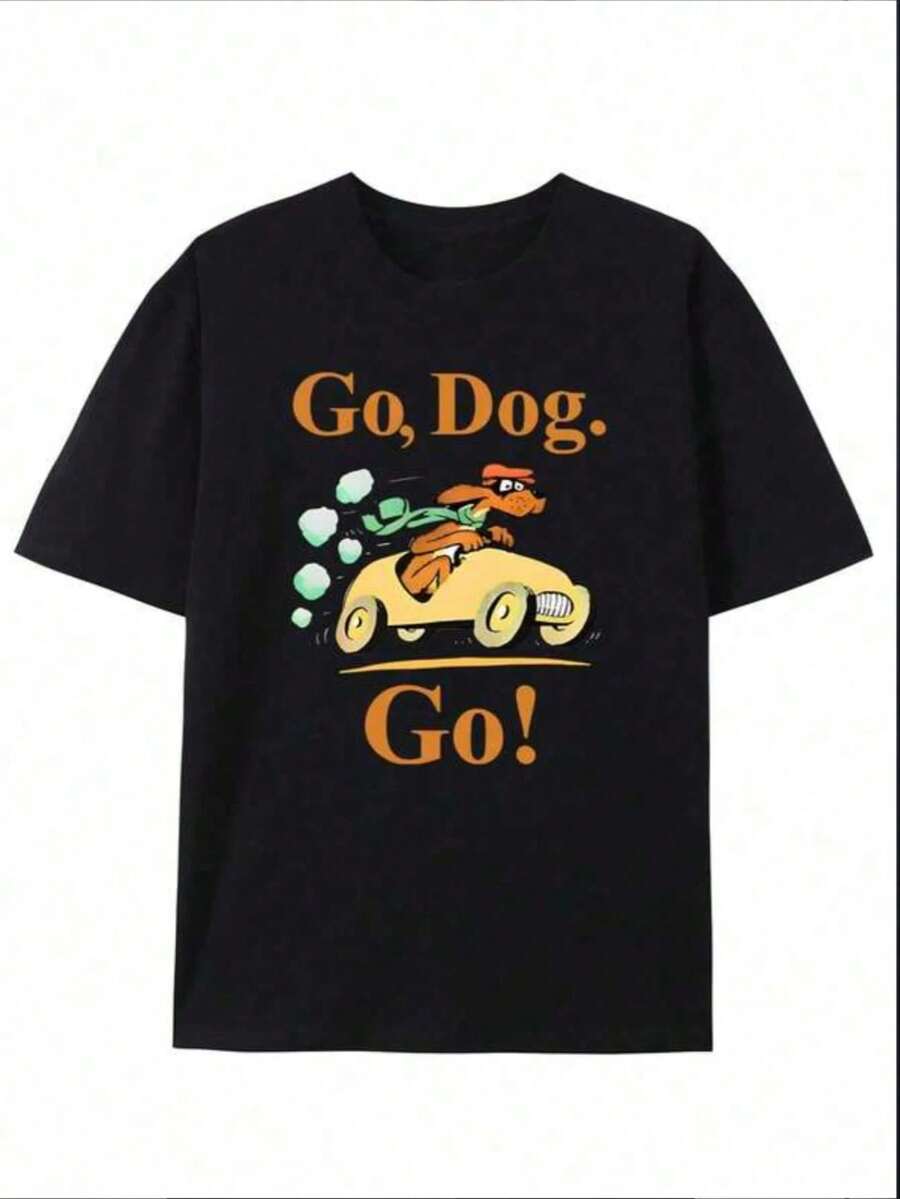 Camiseta Amplia con Estampado de Perro Cartoon Auto Cuello Redondo Básica Estilo Retro Vintage Juvenil Moda Streetwear Uso Diario Urbana Ropa de Mujer Verano - Negro - Ver 1