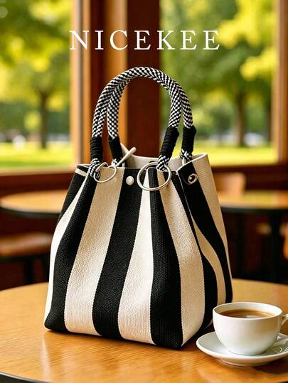 Classic Black And White Striped Bucket Bag, Stylish Contrast Simple Versatile One-Shoulder Handbag, Suitable For Daily Commuting, Shopping And So On.
