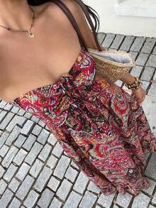Vestido sin tirantes elegante con diseño de lazo vintage, moda de verano - Azul y blanco - Ver 2