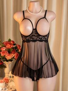 Sexy Lingerie, Hollow Out Dress, 2pcs Set: Dress + G-String, Women's Intimate Apparel And Sexy Dress - Black - View 2