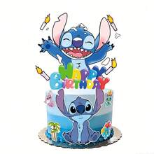 Hasbro Stitch Theme Birthday Cake Topper Set, Colorful Printed Paper, Multiple Cartoon Shapes, Fresh Blue Tone, Birthday Party Cake Decoration - View 3
