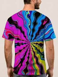 Camiseta Gráfica Oversize para Hombre con Estampado Dinámico de Flujo Caleidoscópico - Colores Saturados en Espiral, Enfoque Central en Magenta, Efecto de Arte Digital, Ajuste Cómodo para To - Negro - Ver 4