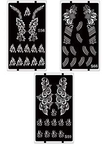 3 Peças/Conjunto Stencils de Tatuagem Oca Desenhada à Mão Hana, Arte de Unhas com Padrão Floral - Design Floral Sexy, Adequado para Mãos, Pintura DIY, Tinta, Adesivos de Modelo de Design Mehndi Reutilizáveis - Preto - Visão 6