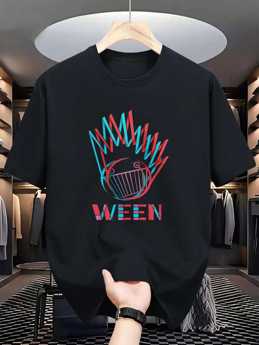 Camiseta de la banda Ween para hombre - Logotipo vintage en turquesa y rosa y estampado icónico de pez, camiseta retro de rock, corte holgado y ligero, manga corta, cuello redondo, transpira - Negro - Ver 1