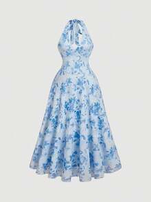 MOD Plus Size Floral Print Halter Midi Dress,Party Women Dresses,Pink Women Dresses,Sundress,Elegant Women Dresses,Pastel Women Dress,Butterfly - Azul - Ver 7