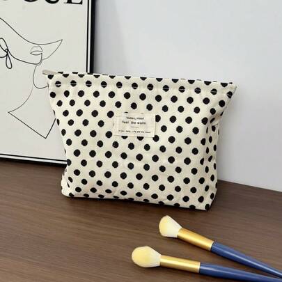 Bolsa de maquillaje con fondo blanco y lunares negros, bolsa de maquillaje de gran capacidad, bolsa de aseo multifuncional, cosméticos, lápiz labial, pincel de maquillaje, bolsa de almacenamiento de joyas, viajes de vacaciones y desplazamientos, bolsa de maquillaje conveniente