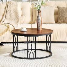 Round Coffee Table With Wood-Effect Top And Metal Frame, Modern Living Room Table With Geometric Iron Structure, Stable Round Side Table, Approx. 70 X 40.5 Cm - 卡其色 - 查看 6