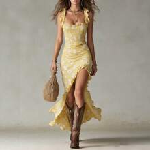 Vestido de tirantes finos para mujer, con volantes, sin mangas, de corte midi con abertura alta, vestido fluido informal para vacaciones en la playa. - Blanco - Ver 4