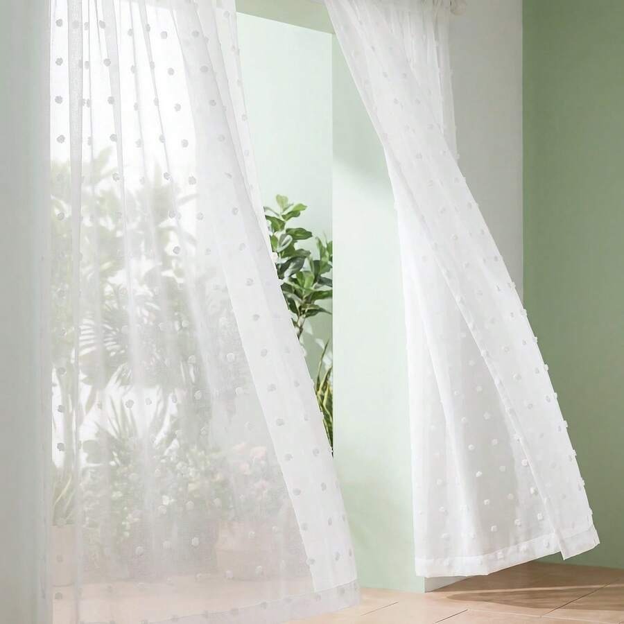 2pcs European And American Minimalist White Fluffy Ball Decorative Sheer Curtains For Kitchen, Living Room, Balcony - White - View 1