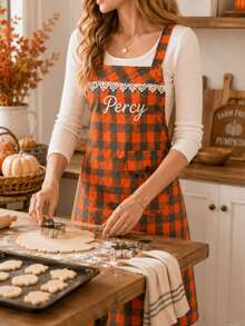 Vintage Plaid Apron With Adjustable Straps, Customizable Name Embroidery, Delicate Lace Collar, Double-Layer Pockets For Kitchen Utensils And Phone, Polyester Fabric Stain-Resistant Breathable Easy To Clean, Suitable For Baking, Coffee Shop Uniform Or Home Cooking - Orange Stripes - View 2