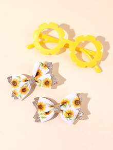 2 Stücke Mädchen Sonnenblumen Schleife Pailletten Doppelschicht Blumen Haarspangen, Gelbe Zahnrad Rahmen Brille, Party & Feiertag Kinder Haaraccessoires - Gelb - Übersicht 2