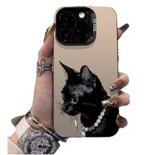 Black Cat Necklace Case For Apple 16Pro,  15Pro, 14Pro, European And American 17Pro New Model - Silver Case - White - Necklace With Black Cat - View 6