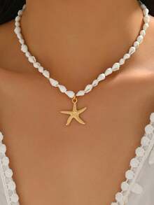 pieza de collar de conchas marinas naturales hecho mano con colgante de estrella de mar en tono dorado, collar de estilo oceánico la moda, adecuado para mujeres, vacaciones, fiestas y - Multicolor 9 - Ver 1