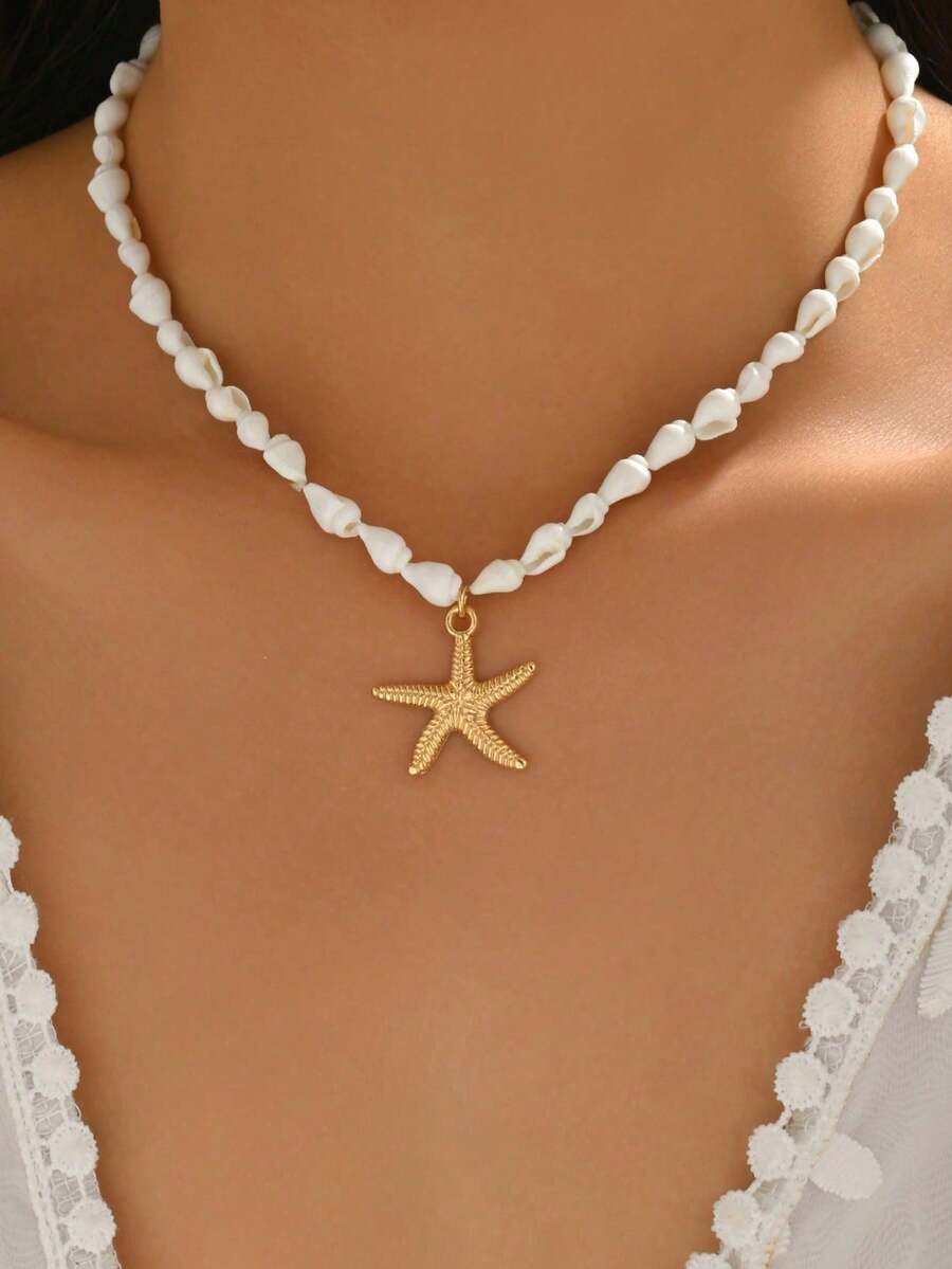 pieza de collar de conchas marinas naturales hecho mano con colgante de estrella de mar en tono dorado, collar de estilo oceánico la moda, adecuado para mujeres, vacaciones, fiestas y - Multicolor 9 - Ver 1