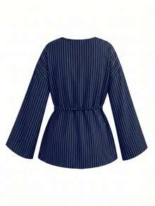 Women's Spring New Minimalist Long Sleeve Tie Front Blouse Shacket, Suitable For All Seasons - Navy Blue - View 2