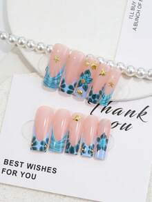 24pcs Medium-Long Trapezoid Reusable Fake Nails, Summer Beach Gradient Pink & Blue French Manicure, 3D Flower, Starfish, Shell, Rhinestone Decor, Suitable For Vacation, Party And Daily Commute - Cadet Blue - View 8