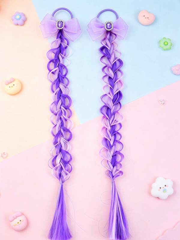 2pcs Purple And White Woven Wig Headbands, Tulle Bow Rhinestone Hair Accessories, Suitable For School And Travel