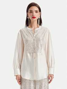 Rich Radi Q's Elegant Women's Round Neck Long Sleeve Blouse, Woven Fabric, Regular Length Fashion Top - Light Yellow - View 10