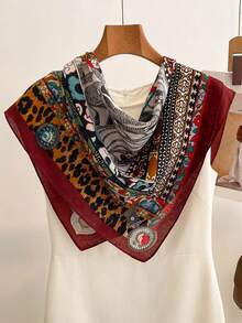 1pc 68*68cm Retro Leopard Tiger Stripe Border Landscape Linen Scarf, Thin Multi-Purpose Scarf For All Seasons, Daily Outing & Party - Multicolor - View 4