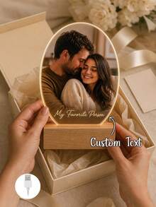 1 Acrylic Night Light For Couples, Customizable With Text, Warm LED Edge Lighting On A Wooden Base, Oval Romantic Bedside Or Desktop Decor, Suitable For Anniversary, Valentine's Day, Birthday, Wedding Anniversary Gifts - Multicolor (Style 2) - View 2