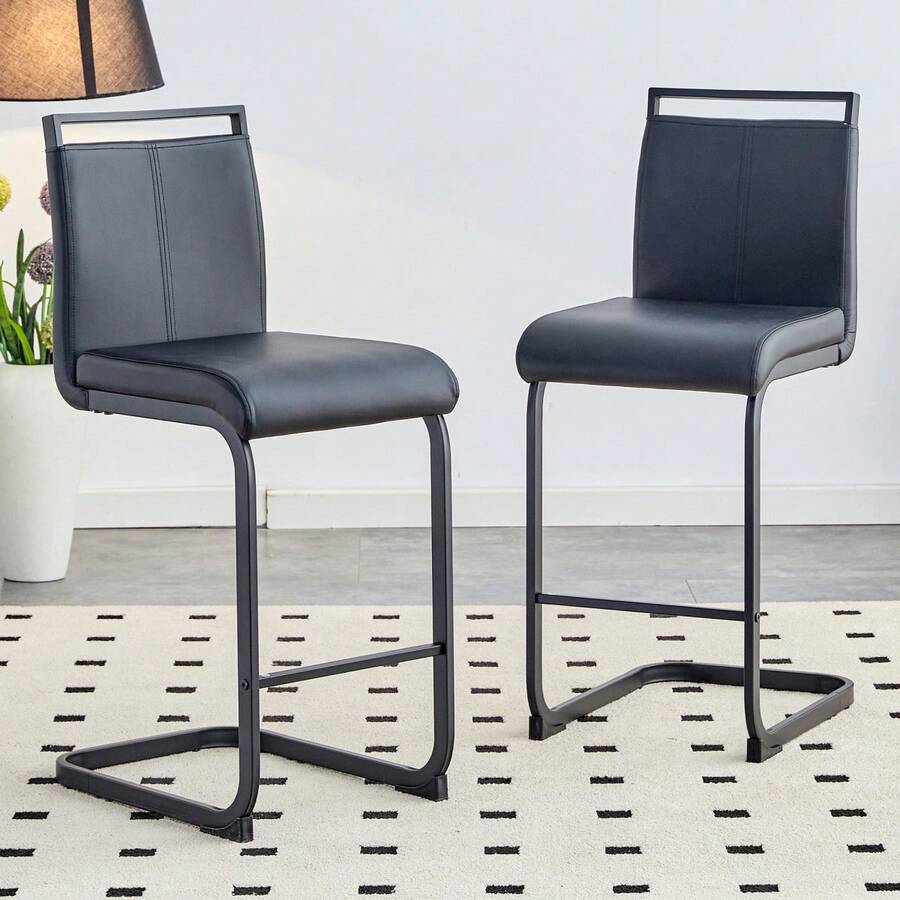 Juego de 2 taburetes de bar de estilo nórdico / Juego de 2 taburetes de bar de PU / Diseño único y construcción estable / Capacidad de carga de 120 kg / Adecuado para comedor, cocina y patio - Negro - Ver 1