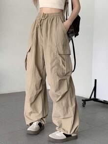 Pantalones De Pierna Ancha De Color Sólido Con Cordón En La Cintura Para Mujeres - Caqui - Ver 2
