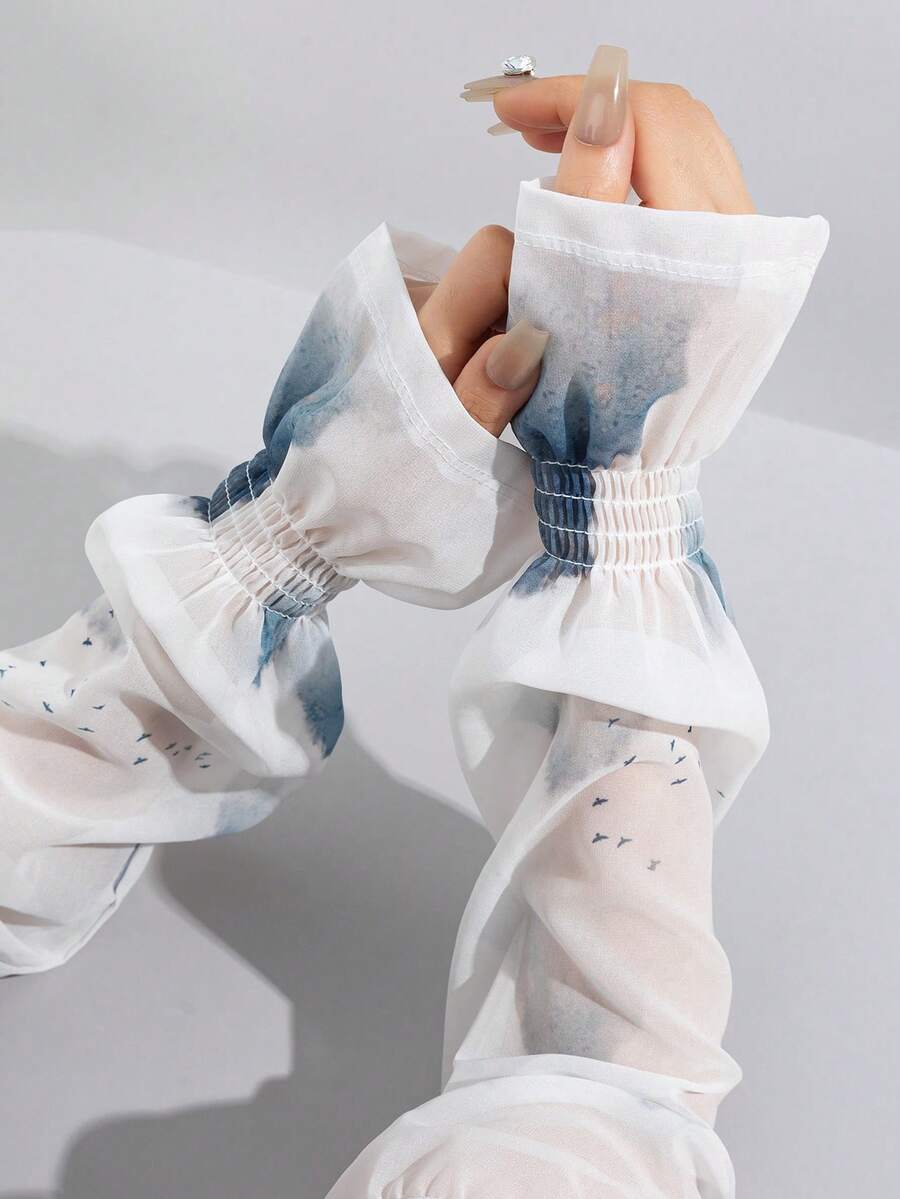 1 Pair Ink Print Chiffon Bell Sleeve Arm Covers, Soft Thin Breathable Styling Arm Warmers