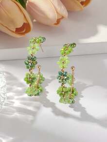 Pair Fashionable Exaggerated Colorful Floral Hoop Earrings For Women, Luxury Delicate Crystal Flower-Shape Earrings, Suitable For Daily, Vacation, Party Wear (Handmade Beads Color And Me - Verde - Ver 5