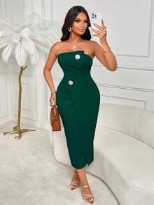 AIJ Amarilo Fashion Commuter Asymmetric Bandeau Dress, Metal Buckle Decor, Slim Fit Midi Length - Green - View 3