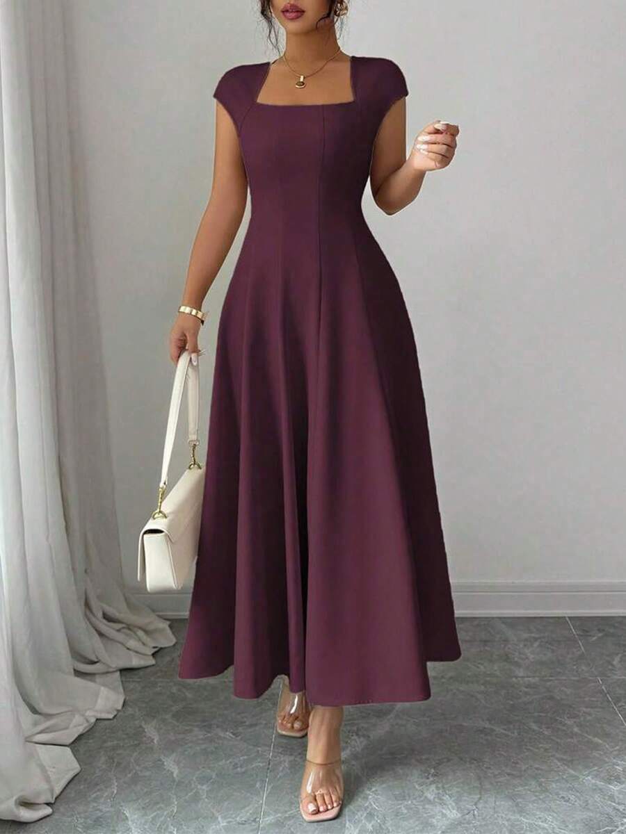 New And Elegant Long Dress With Short Sleeves And Square Neck. - 紅色 - 查看 1