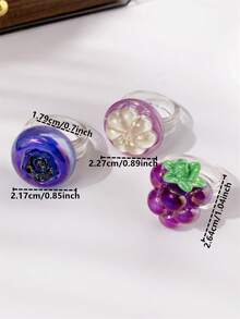 1pc/3pcs Colorful Purple Grape, Mangosteen, Blueberry Artificial Fruit Shaped Women's Ring, Cute Realistic Fruit Ring Creative Fashion Accessory - Purple - View 4