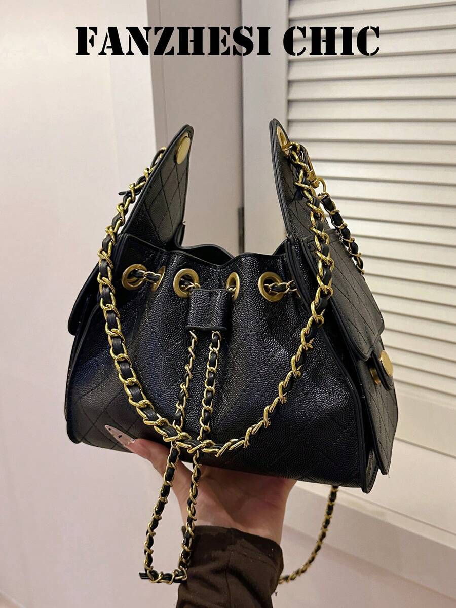 Black Quilted Chain Shoulder Bag, Fully Covered In Delicate Quilted Stitching, Drawstring Closure With Metal Ring Reinforcement, Flap Sides Adorned With Round Gold Buckles, Soft Yet Structured Body With Ample Capacity, Can Store Phone, Powder Compact, Keys, Short Wallet, Pure Black Versatile For Coats, Suits, Knit Sweaters, Naturally Exudes An Elegant Atmosphere - Black - View 1