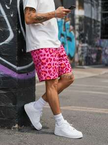 Herrshorts i rosa mesh med leopardmönster och dragsko, lösa avslappnade basketshorts för sport, utflykter, vardagsbruk och utomhusaktiviteter på sommaren - Rosa - Visa 5
